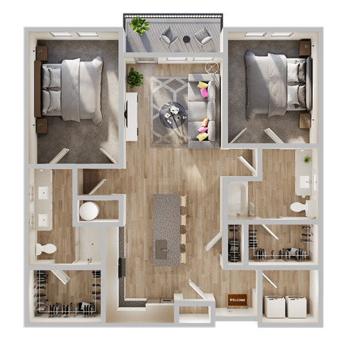 Floor plan for 2 beds, 2 baths, 1174 sqft
